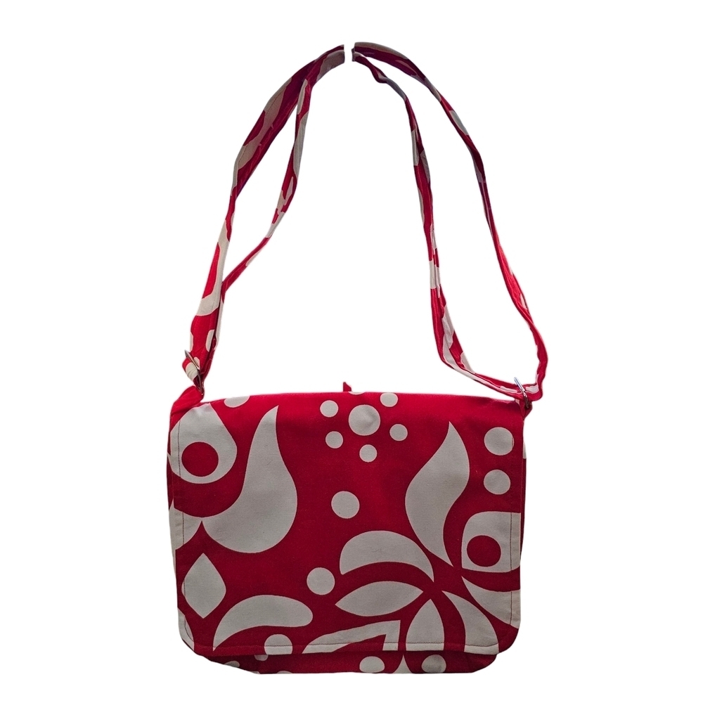 Tara Hubbard Floral Fabric Upholstery Messenger Bag Red and White Patterned